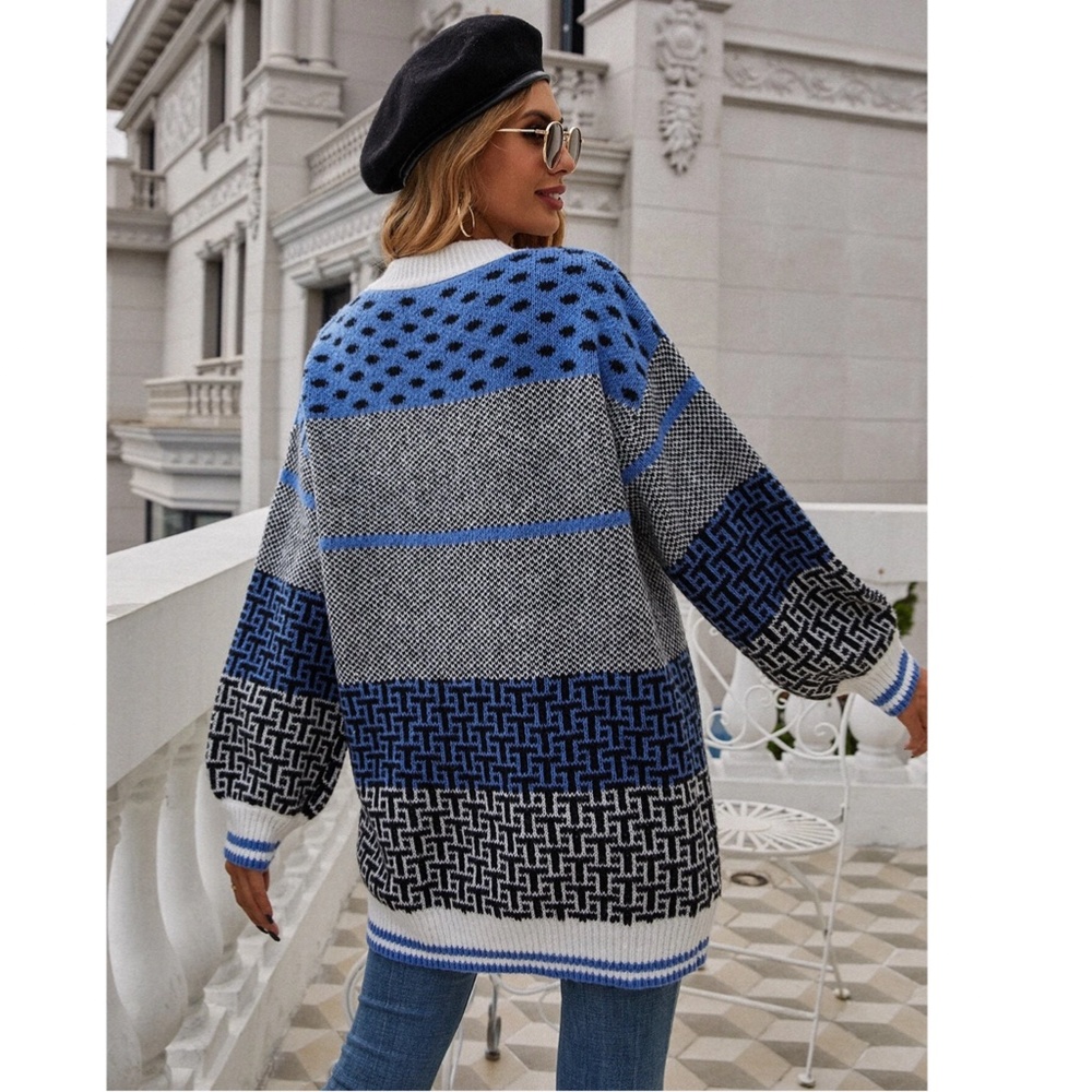 Printed Oversized Button Up V-Neck Cardigan Blue Grey White Black Lantern Sleeve - Picture 7 of 8